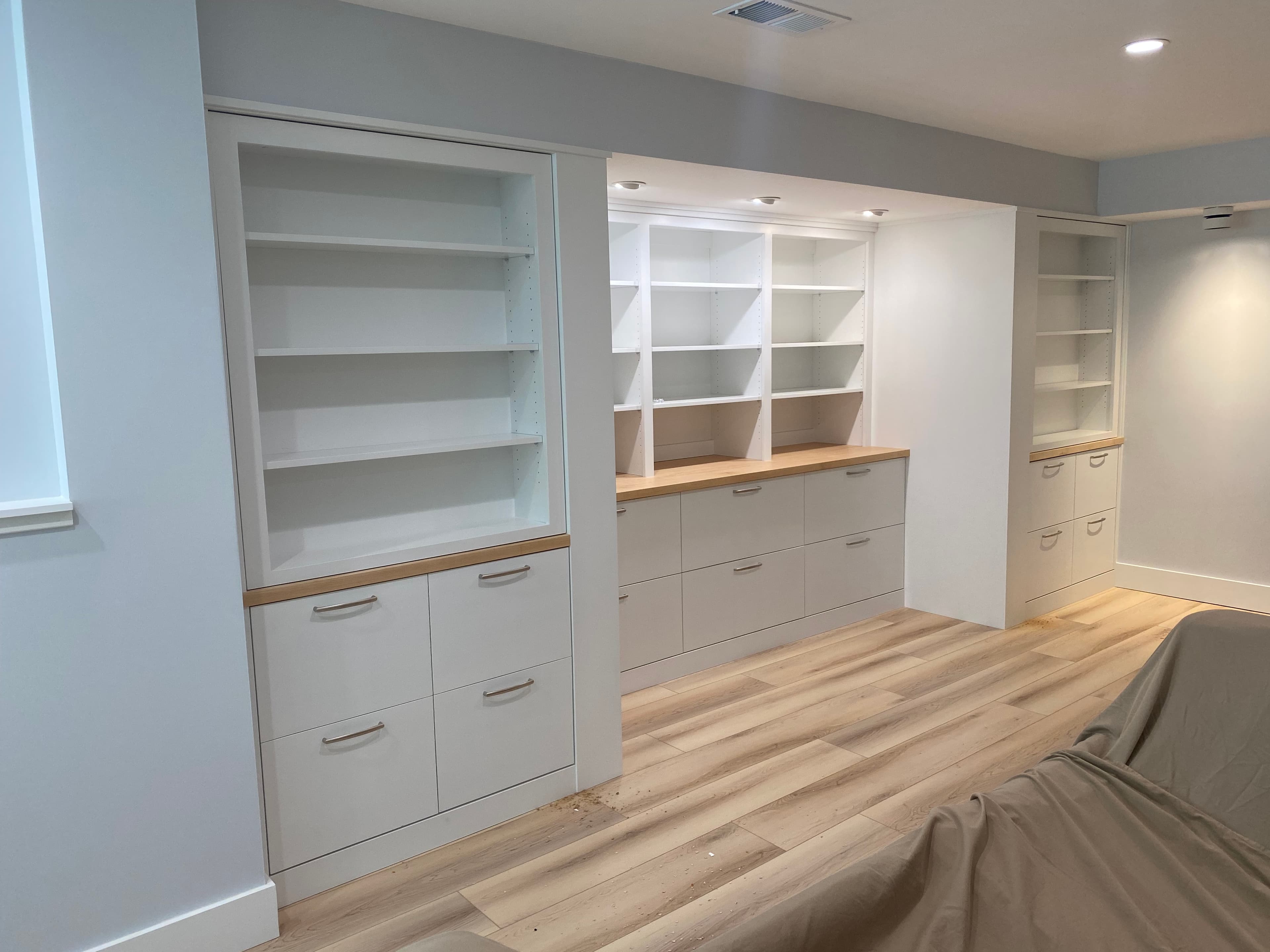 A wall of cabinets and shelves